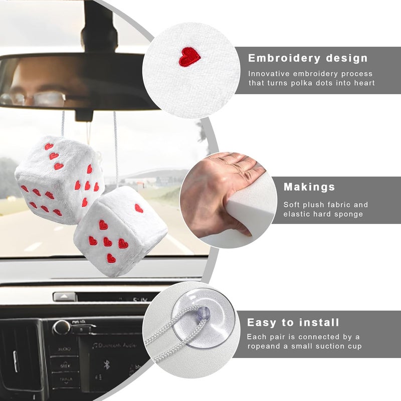 ZNDAW 2 PCS Fuzzy Plush Dice for Car Mirror, 2.75" Retro Square Heart Shape Car Rearview Mirror Cute Decor, Fluffy Dice Vehicle Hanging Ornament Decoration Interior for Women (White) - Image 3
